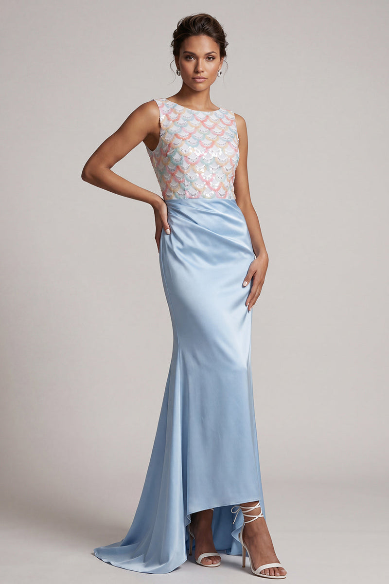 Laden Sie das Bild in den Galerie-Viewer, Himmelblaue Meerjungfrauen-Pailletten, Bateau-Hals, langes Mutter-der-Braut-Kleid