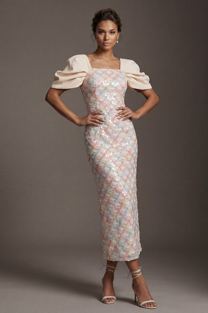 Laden Sie das Bild in den Galerie-Viewer, Hellgrüne Meerjungfrauen-Pailletten Midi Mutter-der-Braut-Kleid mit Puffärmeln