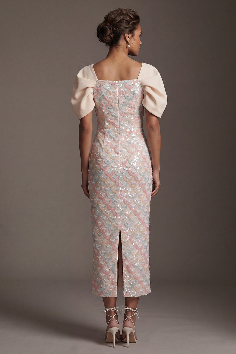 Laden Sie das Bild in den Galerie-Viewer, Hellgrüne Meerjungfrauen-Pailletten Midi Mutter-der-Braut-Kleid mit Puffärmeln