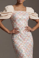Laden Sie das Bild in den Galerie-Viewer, Hellgrüne Meerjungfrauen-Pailletten Midi Mutter-der-Braut-Kleid mit Puffärmeln