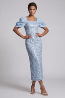 Laden Sie das Bild in den Galerie-Viewer, Hellgrüne Meerjungfrauen-Pailletten Midi Mutter-der-Braut-Kleid mit Puffärmeln
