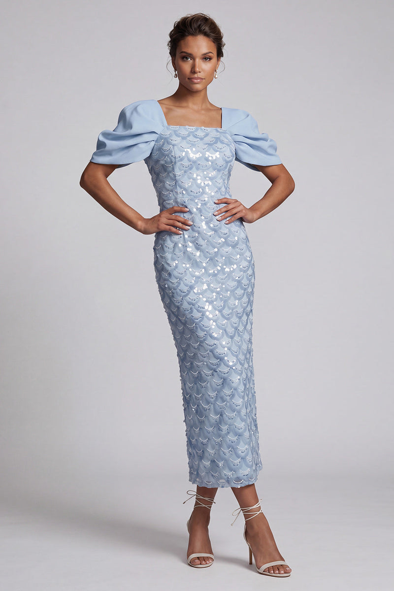 Laden Sie das Bild in den Galerie-Viewer, Hellgrüne Meerjungfrauen-Pailletten Midi Mutter-der-Braut-Kleid mit Puffärmeln