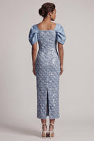 Laden Sie das Bild in den Galerie-Viewer, Hellgrüne Meerjungfrauen-Pailletten Midi Mutter-der-Braut-Kleid mit Puffärmeln
