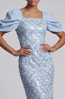 Laden Sie das Bild in den Galerie-Viewer, Hellgrüne Meerjungfrauen-Pailletten Midi Mutter-der-Braut-Kleid mit Puffärmeln