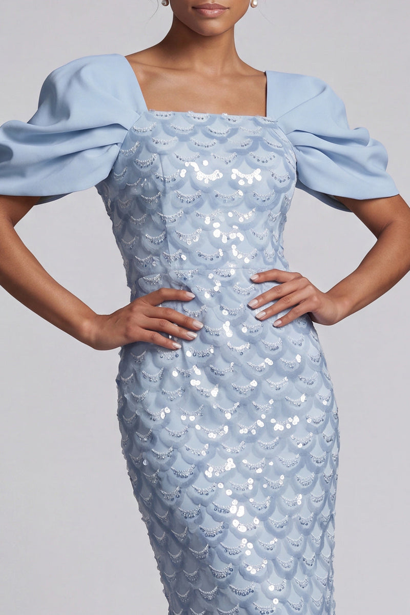Laden Sie das Bild in den Galerie-Viewer, Hellgrüne Meerjungfrauen-Pailletten Midi Mutter-der-Braut-Kleid mit Puffärmeln