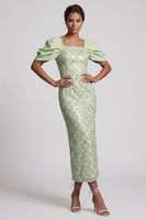 Laden Sie das Bild in den Galerie-Viewer, Hellgrüne Meerjungfrauen-Pailletten Midi Mutter-der-Braut-Kleid mit Puffärmeln