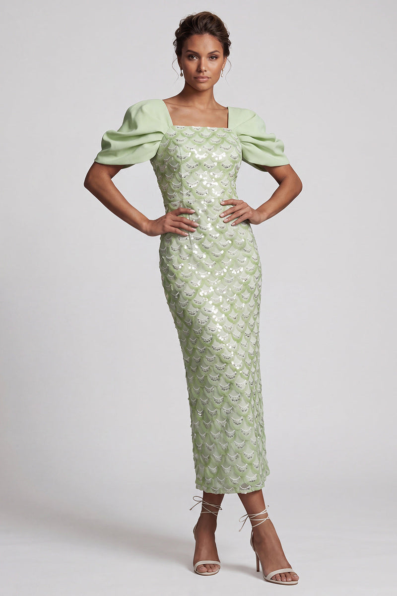 Laden Sie das Bild in den Galerie-Viewer, Hellgrüne Meerjungfrauen-Pailletten Midi Mutter-der-Braut-Kleid mit Puffärmeln