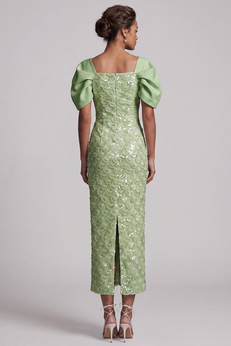 Laden Sie das Bild in den Galerie-Viewer, Hellgrüne Meerjungfrauen-Pailletten Midi Mutter-der-Braut-Kleid mit Puffärmeln