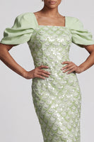 Laden Sie das Bild in den Galerie-Viewer, Hellgrüne Meerjungfrauen-Pailletten Midi Mutter-der-Braut-Kleid mit Puffärmeln