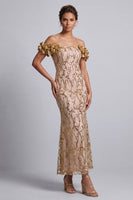 Laden Sie das Bild in den Galerie-Viewer, Rosa schulterlose Meerjungfrauen-Pailletten Midi Mutter der Braut Kleid mit 3D-Blumen