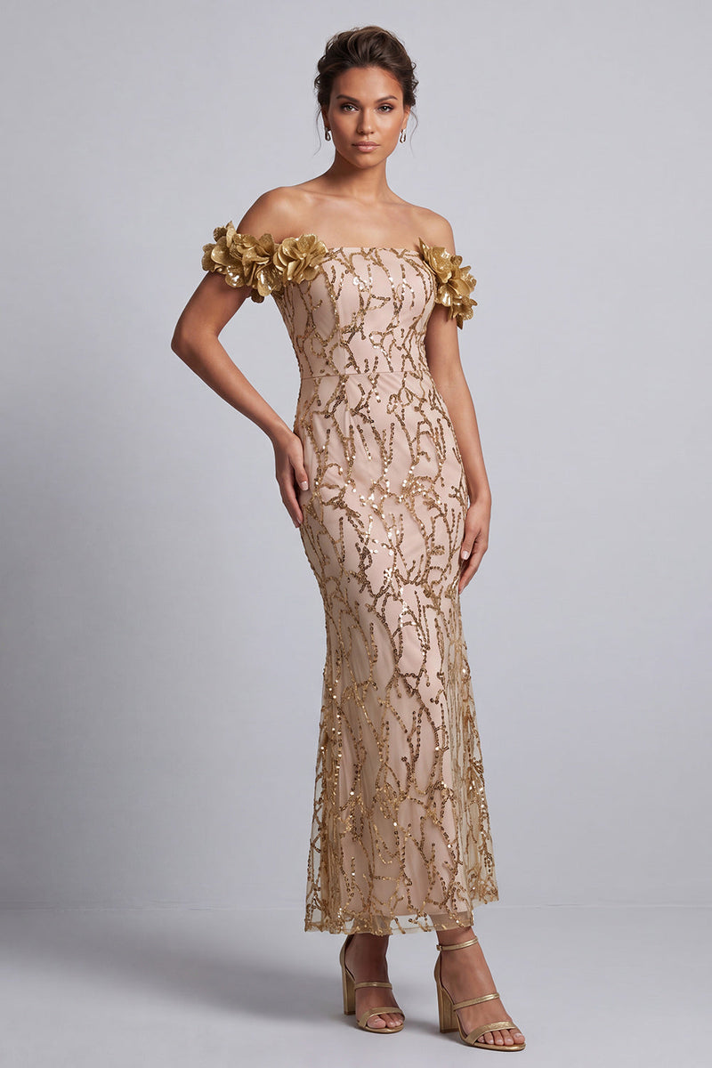 Laden Sie das Bild in den Galerie-Viewer, Rosa schulterlose Meerjungfrauen-Pailletten Midi Mutter der Braut Kleid mit 3D-Blumen