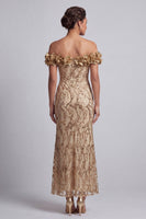 Laden Sie das Bild in den Galerie-Viewer, Rosa schulterlose Meerjungfrauen-Pailletten Midi Mutter der Braut Kleid mit 3D-Blumen