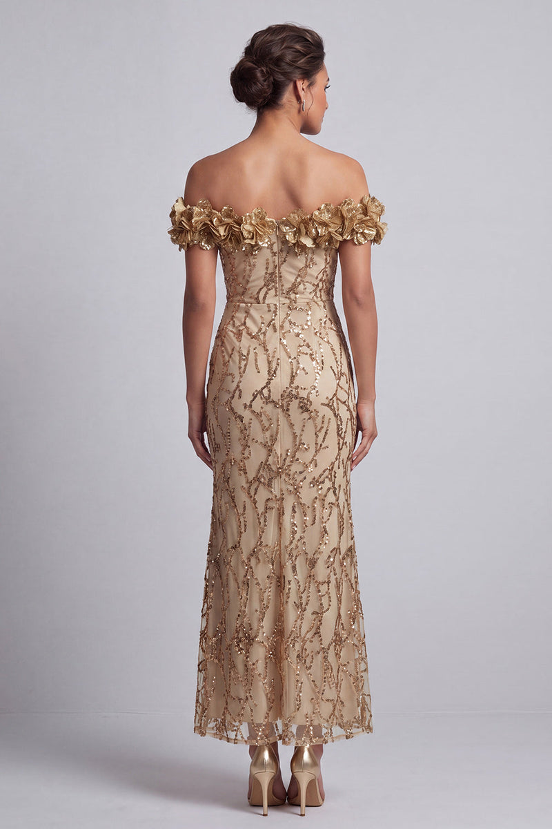 Laden Sie das Bild in den Galerie-Viewer, Rosa schulterlose Meerjungfrauen-Pailletten Midi Mutter der Braut Kleid mit 3D-Blumen