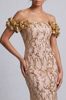 Laden Sie das Bild in den Galerie-Viewer, Rosa schulterlose Meerjungfrauen-Pailletten Midi Mutter der Braut Kleid mit 3D-Blumen