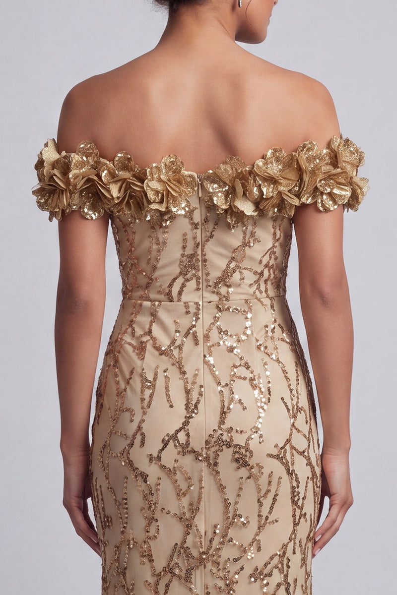 Laden Sie das Bild in den Galerie-Viewer, Rosa schulterlose Meerjungfrauen-Pailletten Midi Mutter der Braut Kleid mit 3D-Blumen