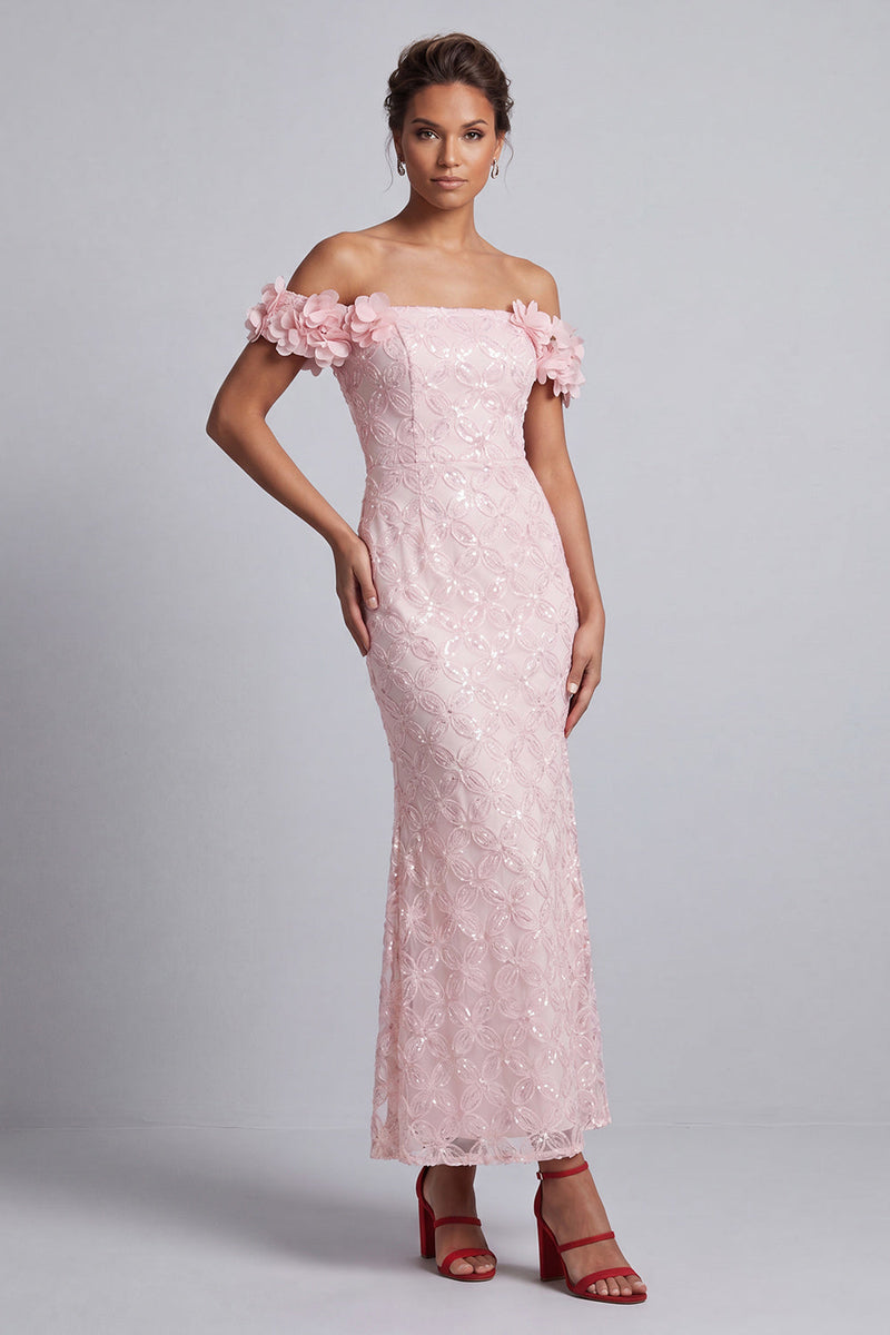 Laden Sie das Bild in den Galerie-Viewer, Rosa schulterlose Meerjungfrauen-Pailletten Midi Mutter der Braut Kleid mit 3D-Blumen
