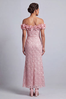 Rosa Schulterloses Meerjungfrauen Pailletten Midi Mutter der Braut Kleid mit 3D-Blumen