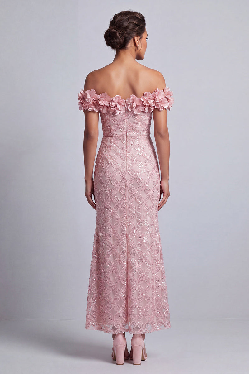Laden Sie das Bild in den Galerie-Viewer, Rosa schulterlose Meerjungfrauen-Pailletten Midi Mutter der Braut Kleid mit 3D-Blumen