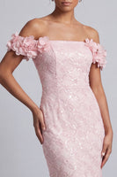 Laden Sie das Bild in den Galerie-Viewer, Rosa schulterlose Meerjungfrauen-Pailletten Midi Mutter der Braut Kleid mit 3D-Blumen