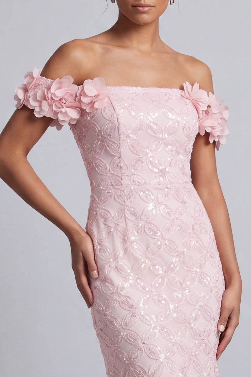 Laden Sie das Bild in den Galerie-Viewer, Rosa schulterlose Meerjungfrauen-Pailletten Midi Mutter der Braut Kleid mit 3D-Blumen