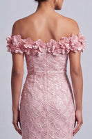 Laden Sie das Bild in den Galerie-Viewer, Rosa schulterlose Meerjungfrauen-Pailletten Midi Mutter der Braut Kleid mit 3D-Blumen