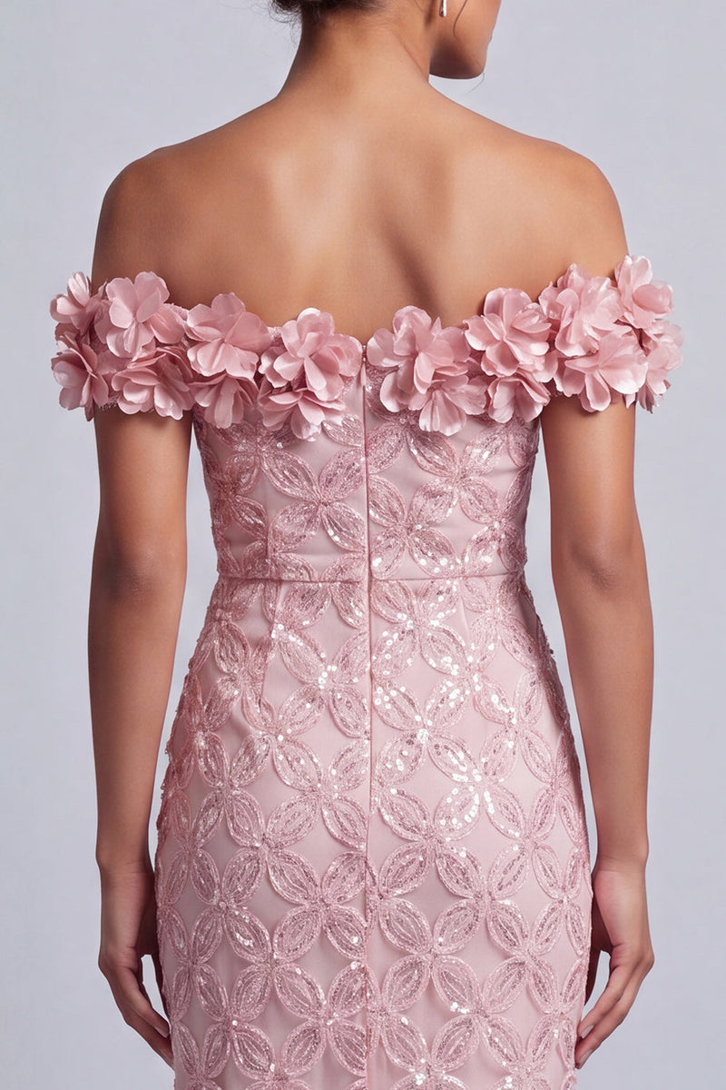 Laden Sie das Bild in den Galerie-Viewer, Rosa schulterlose Meerjungfrauen-Pailletten Midi Mutter der Braut Kleid mit 3D-Blumen
