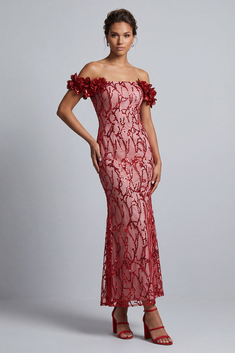 Laden Sie das Bild in den Galerie-Viewer, Rosa schulterlose Meerjungfrauen-Pailletten Midi Mutter der Braut Kleid mit 3D-Blumen