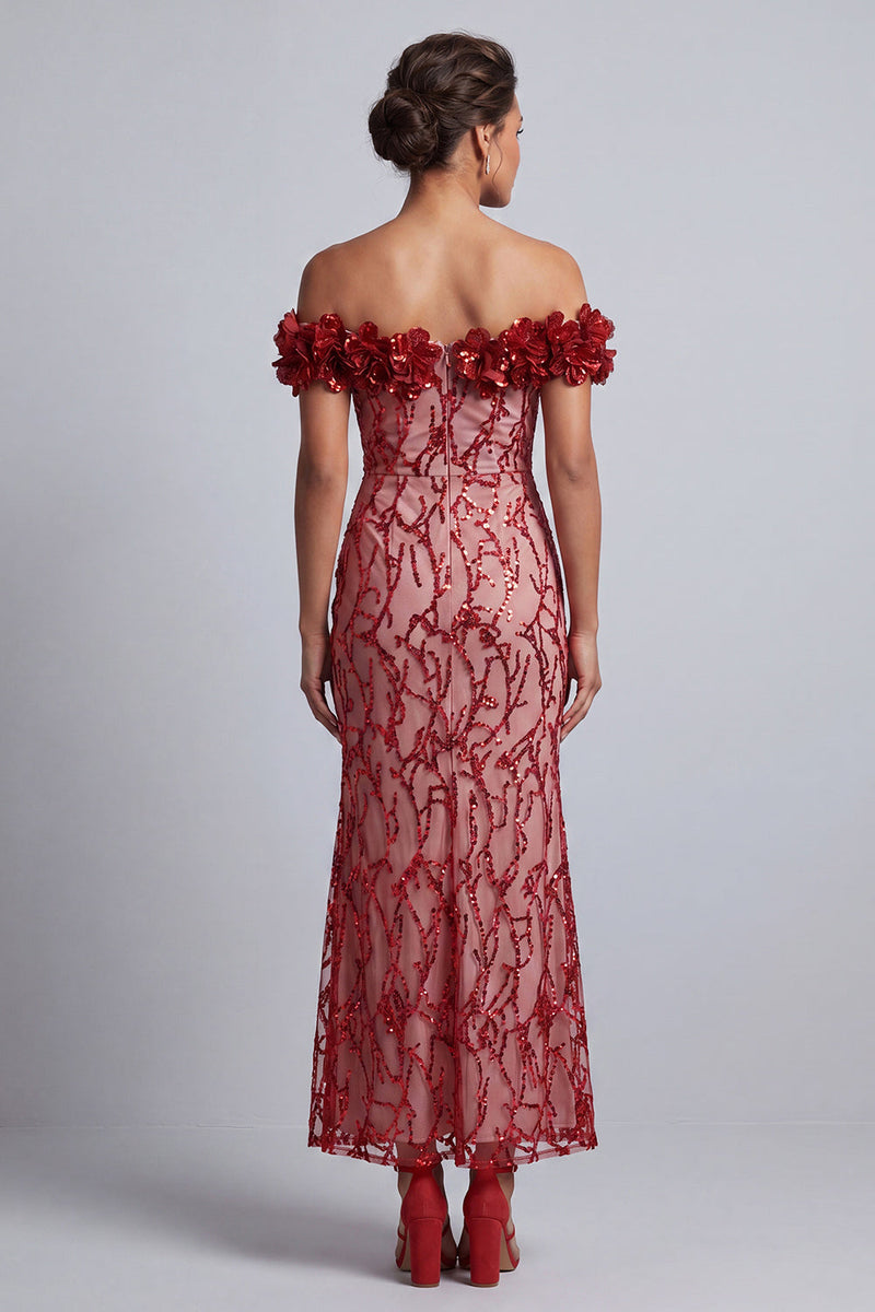 Laden Sie das Bild in den Galerie-Viewer, Rosa schulterlose Meerjungfrauen-Pailletten Midi Mutter der Braut Kleid mit 3D-Blumen