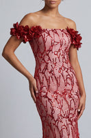Laden Sie das Bild in den Galerie-Viewer, Rosa schulterlose Meerjungfrauen-Pailletten Midi Mutter der Braut Kleid mit 3D-Blumen