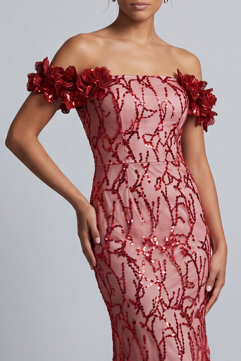 Laden Sie das Bild in den Galerie-Viewer, Rosa schulterlose Meerjungfrauen-Pailletten Midi Mutter der Braut Kleid mit 3D-Blumen