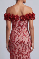 Laden Sie das Bild in den Galerie-Viewer, Rosa schulterlose Meerjungfrauen-Pailletten Midi Mutter der Braut Kleid mit 3D-Blumen