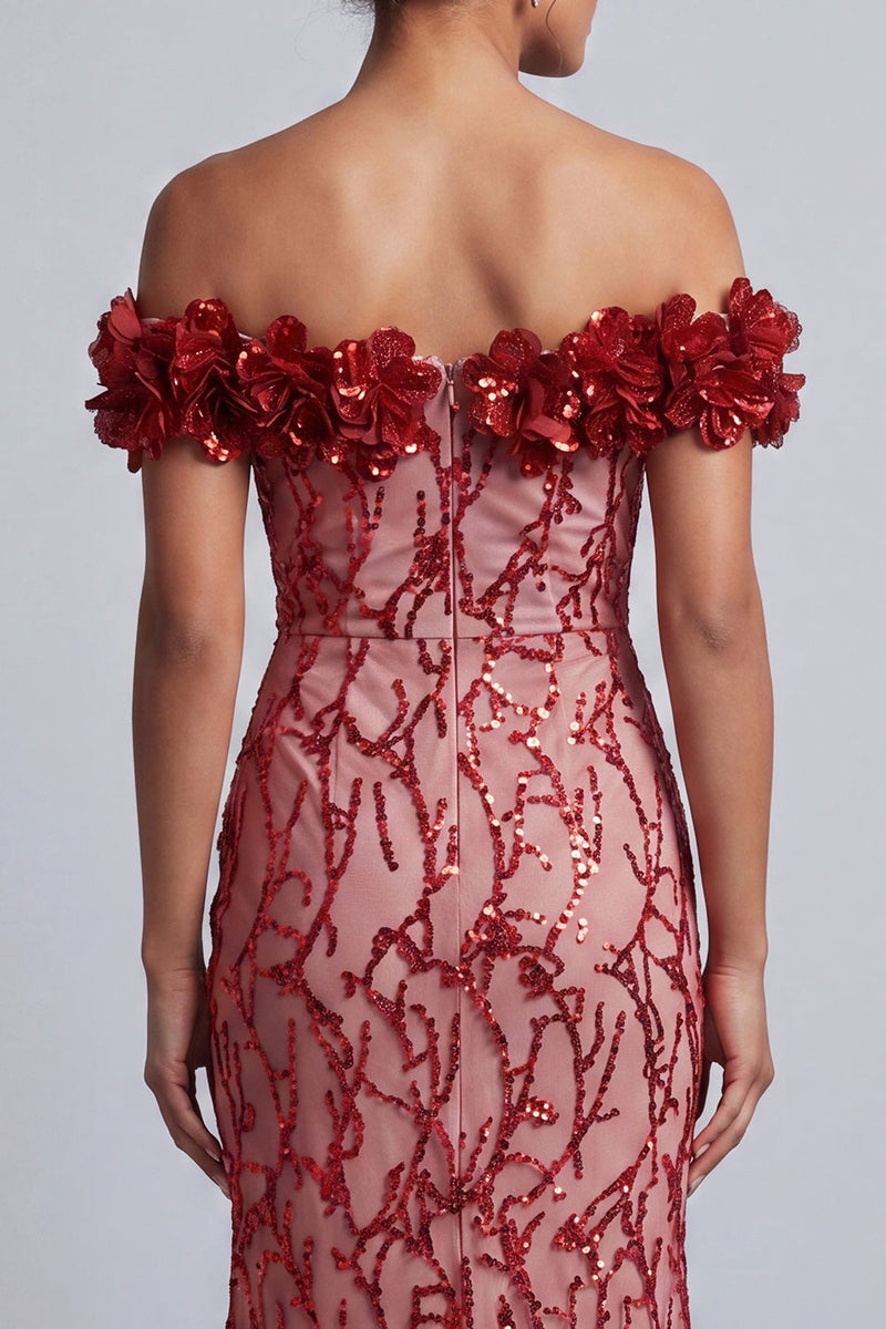 Laden Sie das Bild in den Galerie-Viewer, Rosa schulterlose Meerjungfrauen-Pailletten Midi Mutter der Braut Kleid mit 3D-Blumen