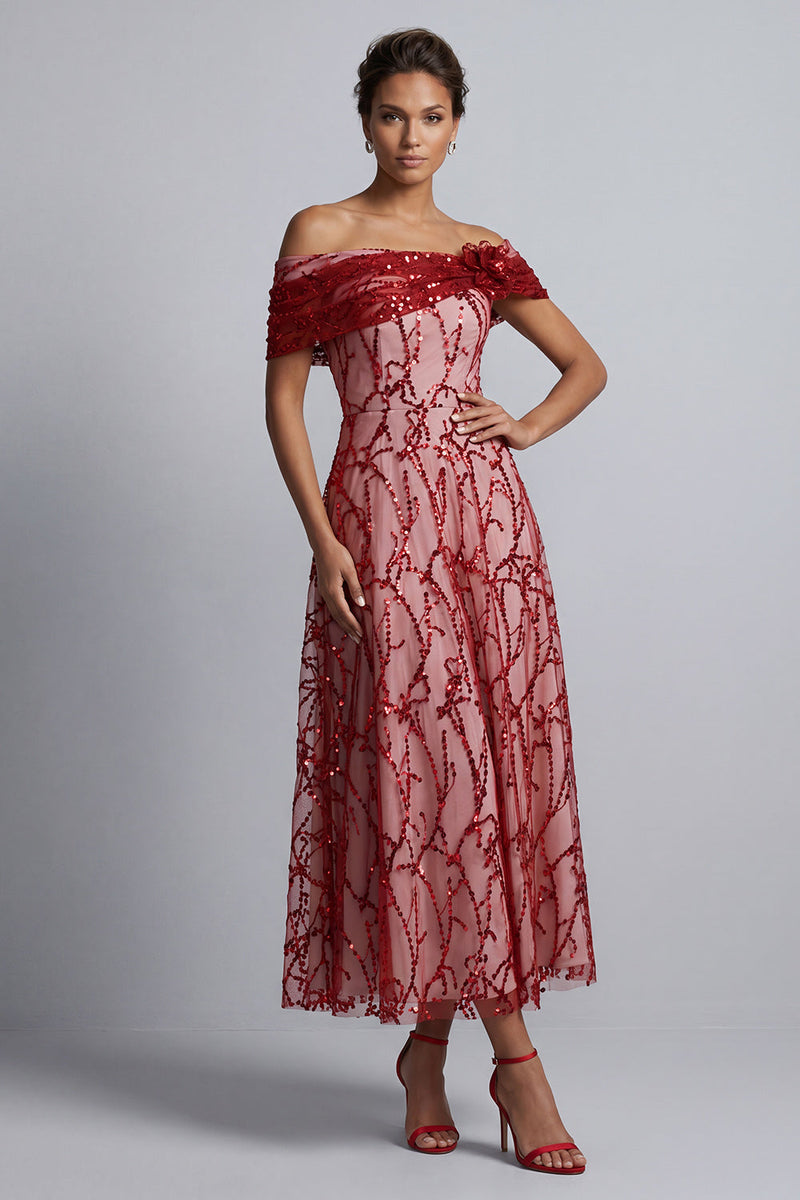 Laden Sie das Bild in den Galerie-Viewer, Rote schulterlose A-Linien-Pailletten Midi Mutter der Braut Kleid