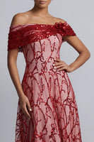 Laden Sie das Bild in den Galerie-Viewer, Rote schulterlose A-Linien-Pailletten Midi Mutter der Braut Kleid