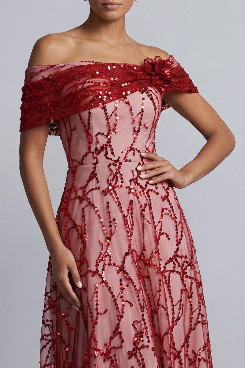 Laden Sie das Bild in den Galerie-Viewer, Rote schulterlose A-Linien-Pailletten Midi Mutter der Braut Kleid
