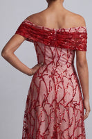 Laden Sie das Bild in den Galerie-Viewer, Rote schulterlose A-Linien-Pailletten Midi Mutter der Braut Kleid