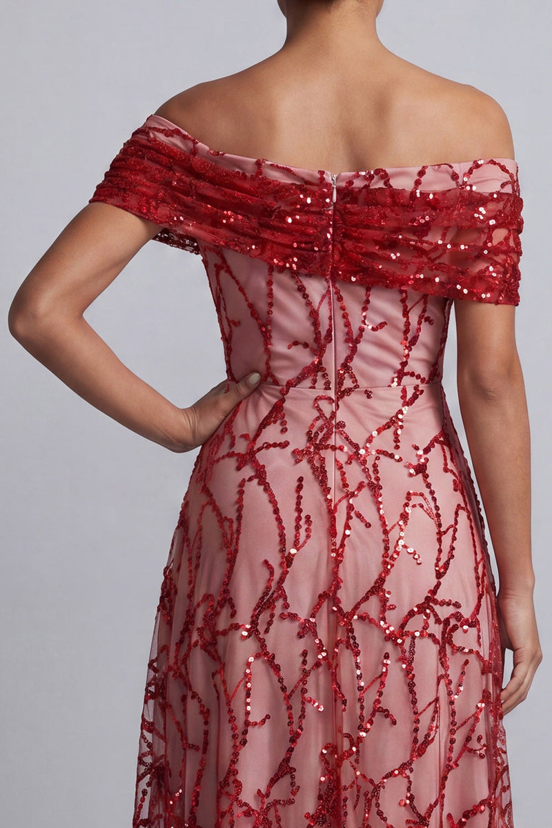 Laden Sie das Bild in den Galerie-Viewer, Rote schulterlose A-Linien-Pailletten Midi Mutter der Braut Kleid
