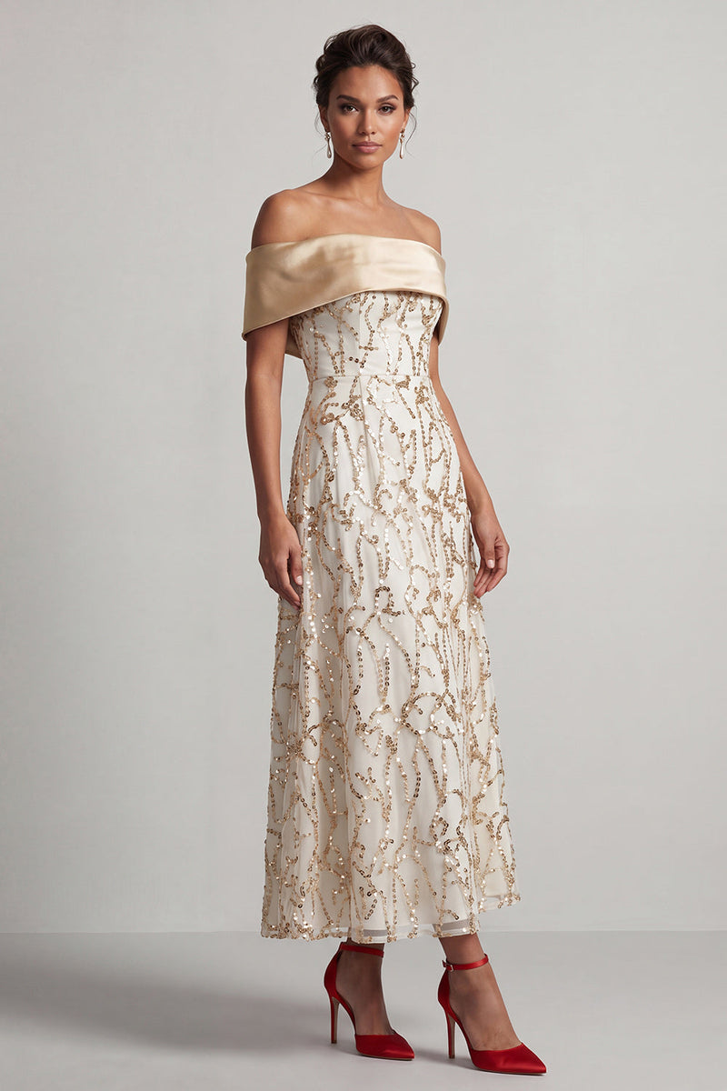 Laden Sie das Bild in den Galerie-Viewer, A-Linie rotes Midi-Mutter-der-Braut-Kleid mit Pailletten