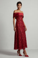 Laden Sie das Bild in den Galerie-Viewer, A-Linie rotes Midi-Mutter-der-Braut-Kleid mit Pailletten