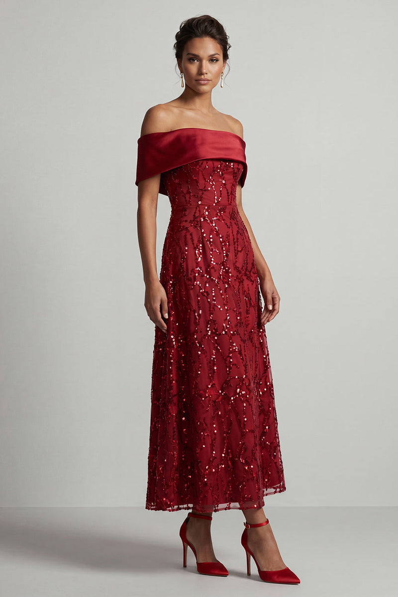 Laden Sie das Bild in den Galerie-Viewer, A-Linie rotes Midi-Mutter-der-Braut-Kleid mit Pailletten