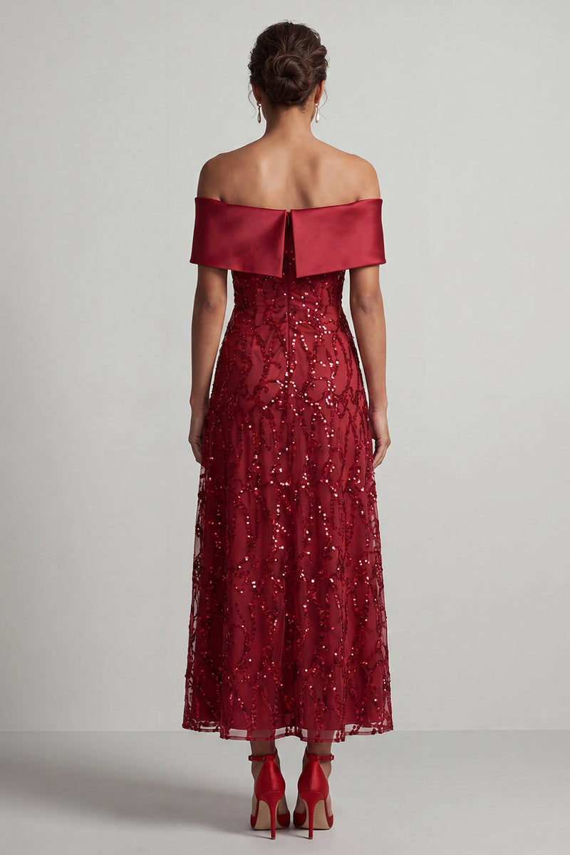 Laden Sie das Bild in den Galerie-Viewer, A-Linie rotes Midi-Mutter-der-Braut-Kleid mit Pailletten