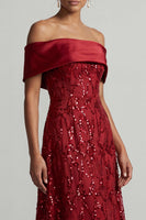 Laden Sie das Bild in den Galerie-Viewer, A-Linie rotes Midi-Mutter-der-Braut-Kleid mit Pailletten