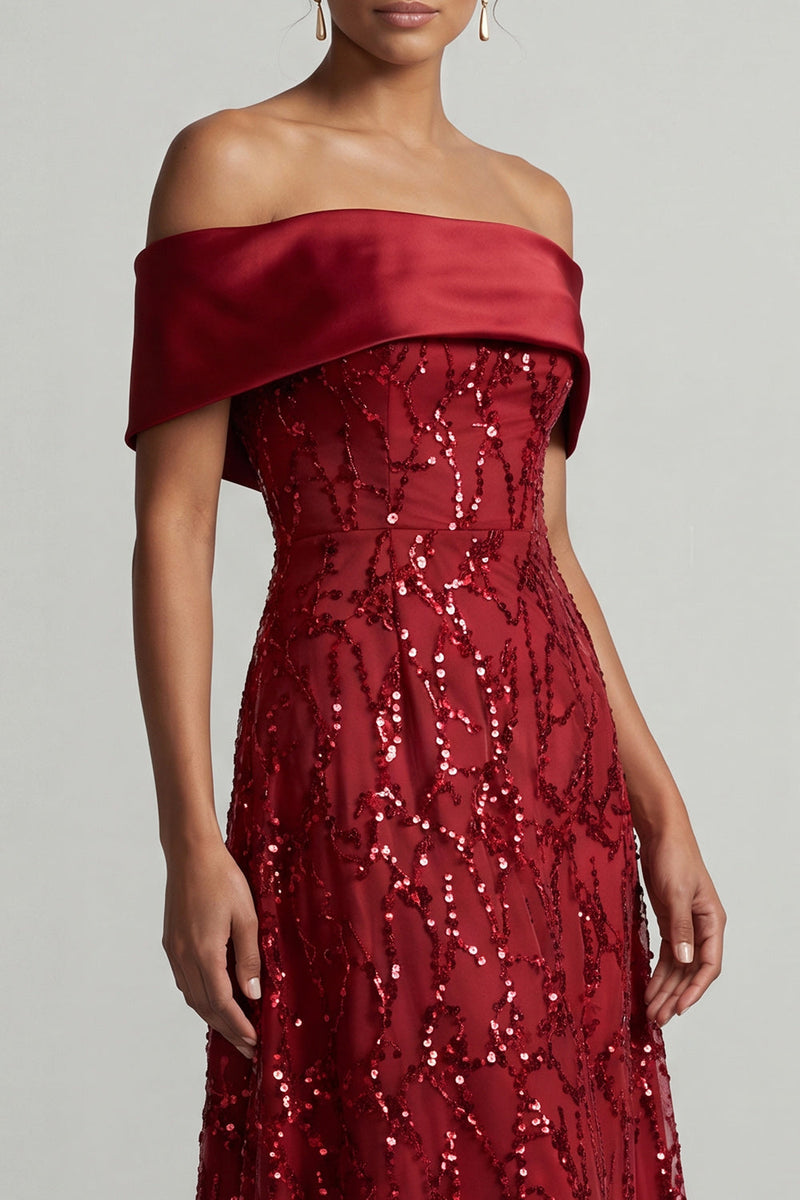 Laden Sie das Bild in den Galerie-Viewer, A-Linie rotes Midi-Mutter-der-Braut-Kleid mit Pailletten