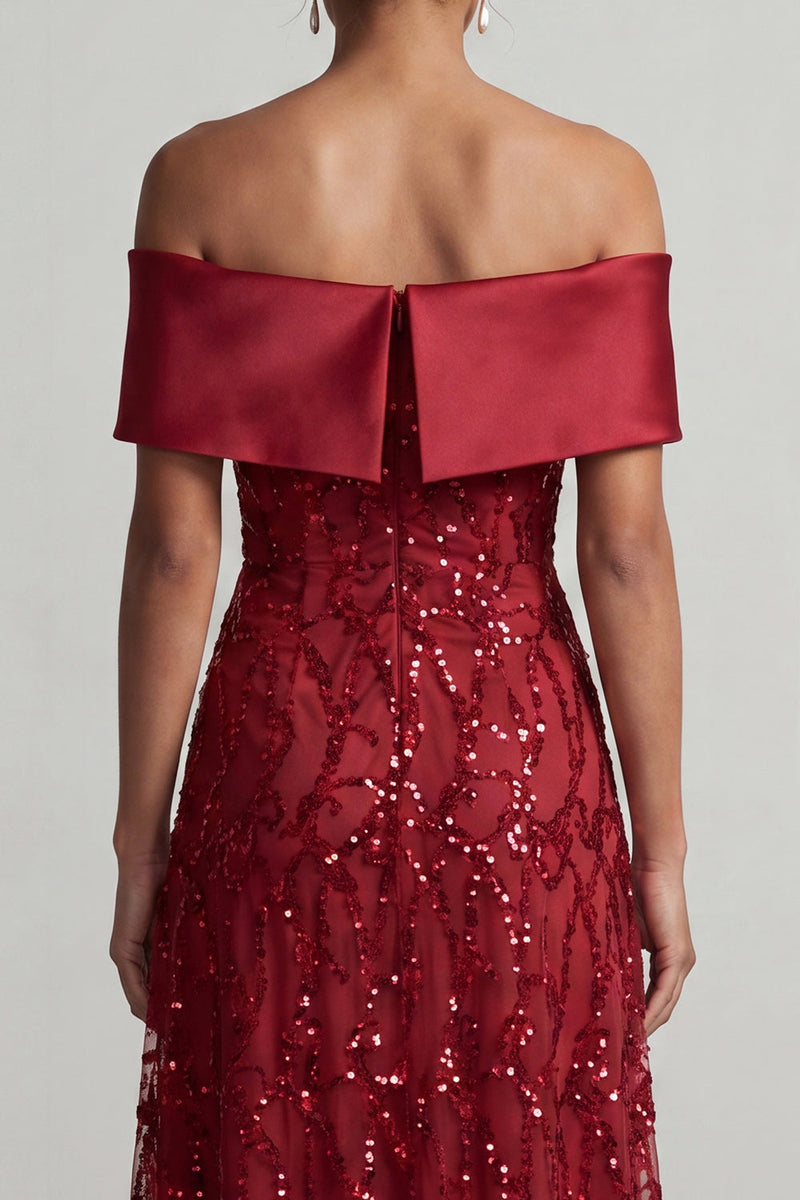 Laden Sie das Bild in den Galerie-Viewer, A-Linie rotes Midi-Mutter-der-Braut-Kleid mit Pailletten