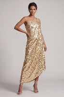 Laden Sie das Bild in den Galerie-Viewer, Glitzerndes silbernes Einschulter-Meerjungfrauen-Asymmetrisches Midi-Mutter-der-Braut-Kleid mit Pailletten