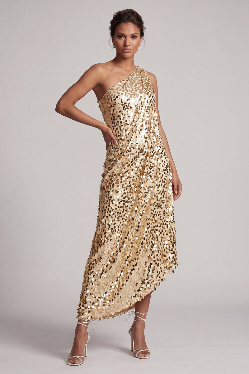 Laden Sie das Bild in den Galerie-Viewer, Glitzerndes silbernes Einschulter-Meerjungfrauen-Asymmetrisches Midi-Mutter-der-Braut-Kleid mit Pailletten