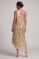 Laden Sie das Bild in den Galerie-Viewer, Glitzerndes silbernes Einschulter-Meerjungfrauen-Asymmetrisches Midi-Mutter-der-Braut-Kleid mit Pailletten