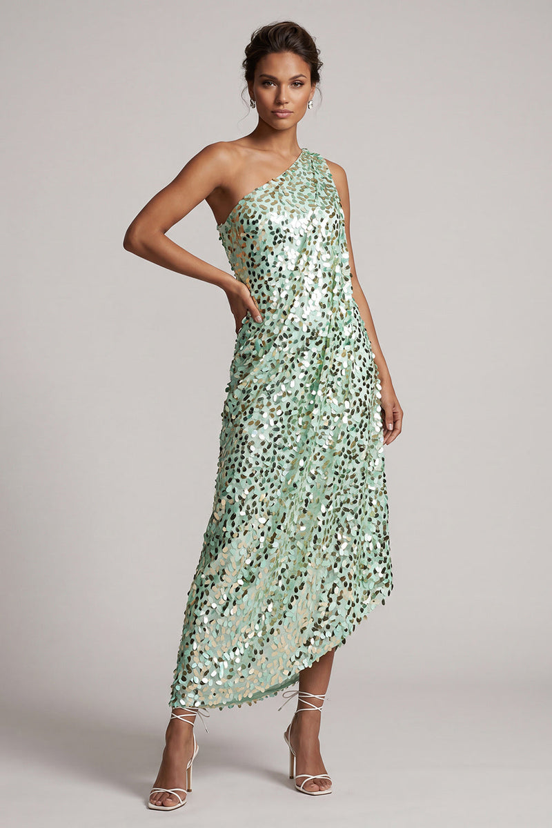 Laden Sie das Bild in den Galerie-Viewer, Glitzerndes silbernes Einschulter-Meerjungfrauen-Asymmetrisches Midi-Mutter-der-Braut-Kleid mit Pailletten