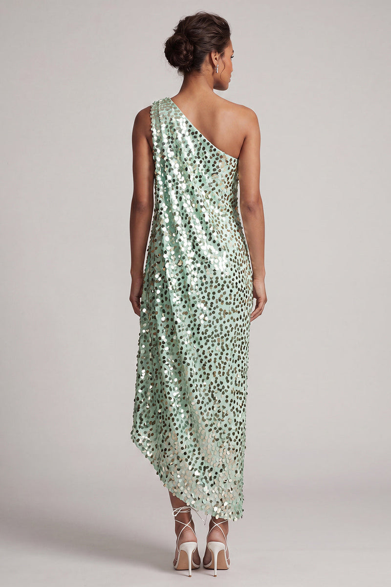 Laden Sie das Bild in den Galerie-Viewer, Glitzerndes silbernes Einschulter-Meerjungfrauen-Asymmetrisches Midi-Mutter-der-Braut-Kleid mit Pailletten