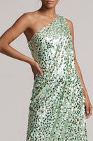 Laden Sie das Bild in den Galerie-Viewer, Glitzerndes silbernes Einschulter-Meerjungfrauen-Asymmetrisches Midi-Mutter-der-Braut-Kleid mit Pailletten
